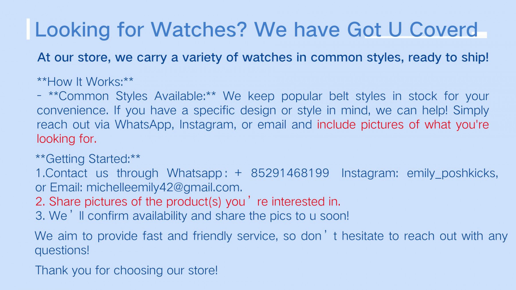 If the style you wish to purchase is not available on the website,Please contact us to purchase